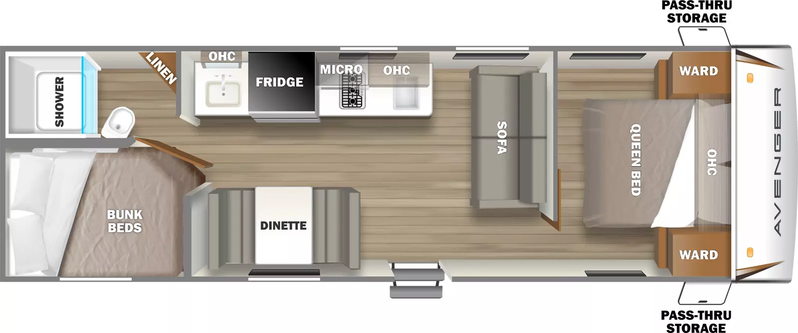 The Avenger 25BH has a single entry door and front pass through storage on the exterior. The interior features front to back include: front queen bed with wardrobes on either side, and overhead cabinets; sofa on interior wall opposite front bedroom; door side, booth dinette; rear bunk beds and bathroom with shower, toilet, and linen closet; off-door side kitchen sink, fridge, microwave, cooktop, and overhead cabinets. 